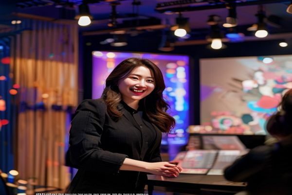 韩国女主播在专业直播间内对着镜头热情互动，灯光布置精致，背景装饰充满韩式美学，画面温暖活泼